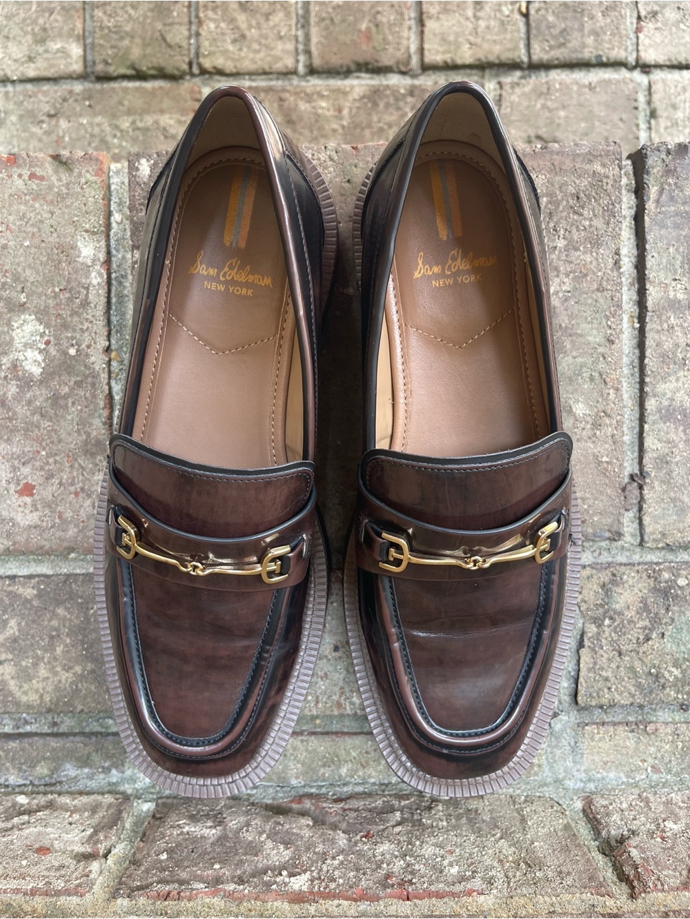 Sam Edelman Brown Lug Sole Horsebit Loafers Glossy Platform Shoes Women’s 8.5 - Picture 15 of 16